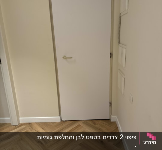 דלת לבנה עם ידית מתכת על רקע קיר בהיר